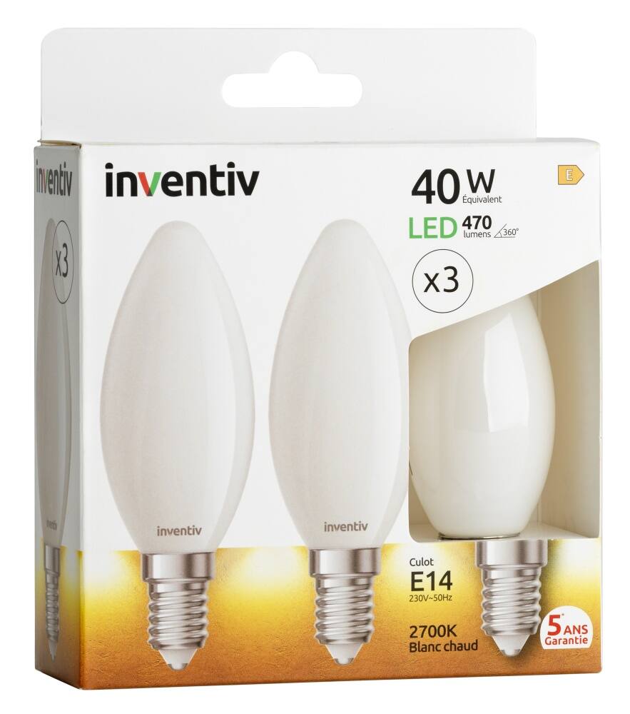 3 ampoules Filament LED Flamme Opaque E14 470Lm 40W 2700K Blanc chaud - INVENTIV
