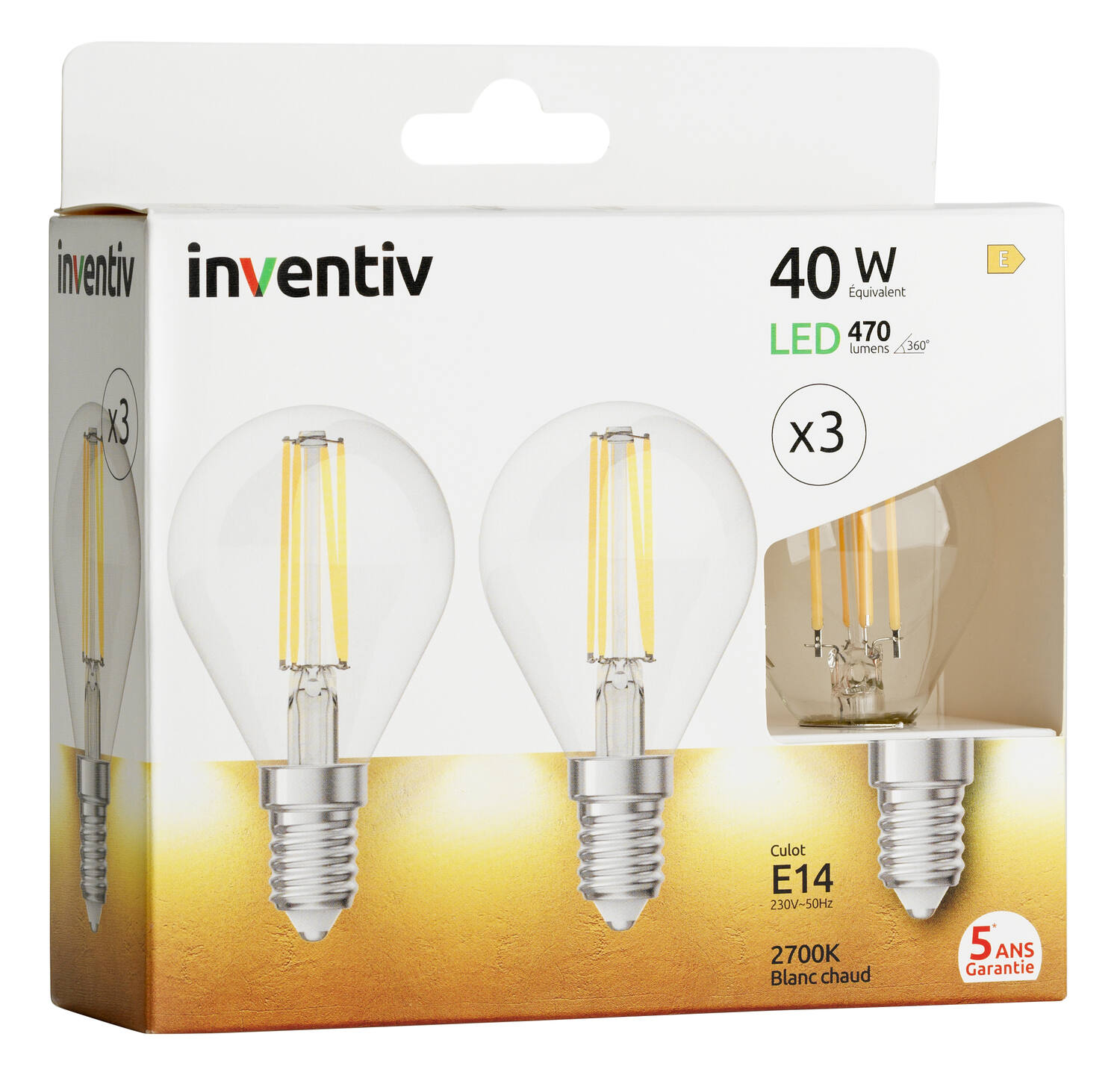 3 ampoules Filament LED P45 Transparent E14 470Lm 40W 2700K Blanc chaud - INVENTIV