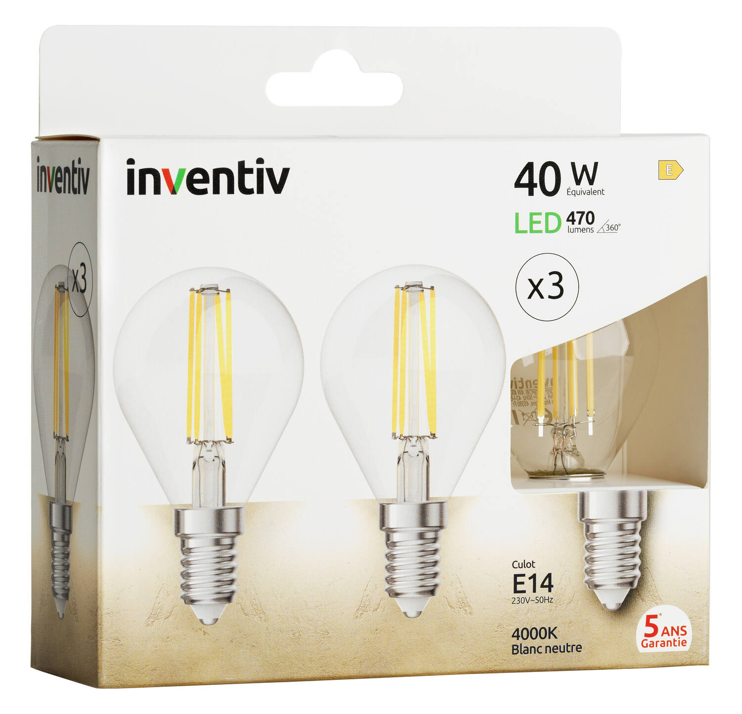 3 ampoules Filament LED P45 Transparent E14 470lm 40W 4000K Blanc neutre - INVENTIV