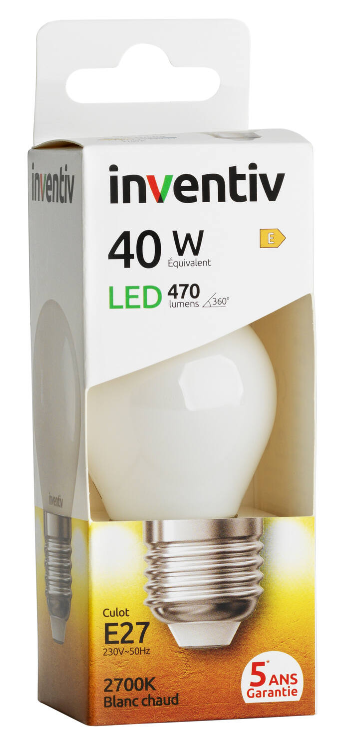 Ampoules Filament LED P45 Opaque E27 470Lm 40W 2700K Blanc chaud - INVENTIV