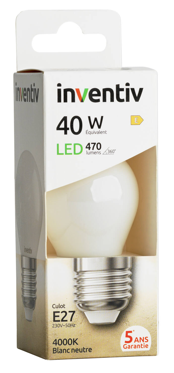 Ampoules Filament LED P45 Opaque E27 470Lm 40W 4000K Blanc neutre - INVENTIV