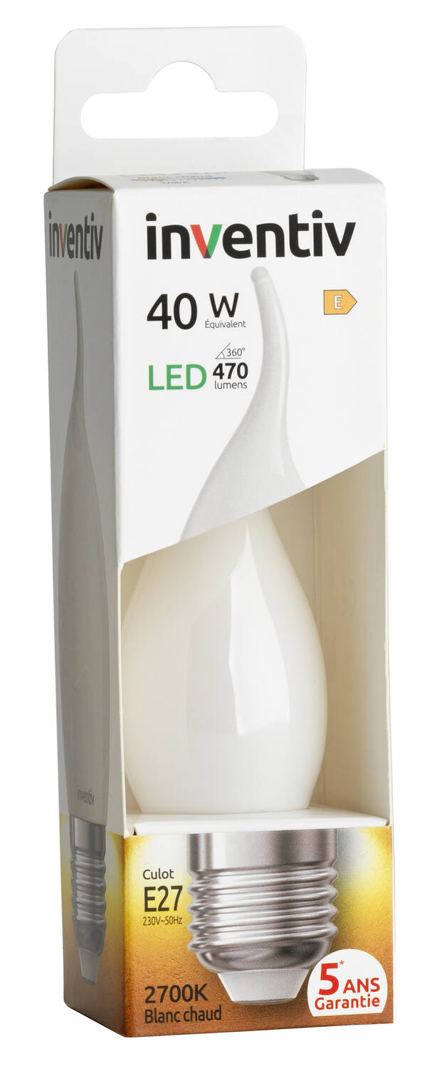 Ampoule Filament LED Flamme Coupe vent Opaque E27 470Lm 40W 2700K Blanc chaud - INVENTIV