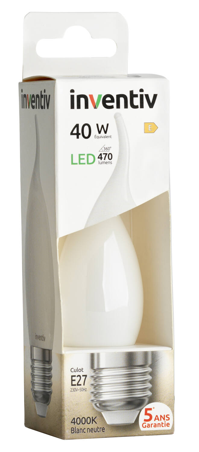 Ampoule Filament LED Flamme Coupe vent Opaque E27 470Lm 40W 4000K Blanc neutre - INVENTIV
