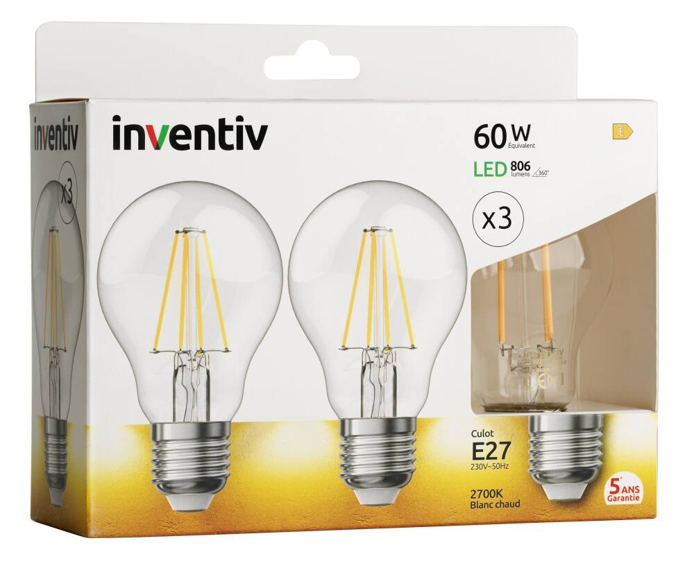 3 ampoules Filament LED A60 Transparent E27 806lm 60W 2700K Blanc chaud - INVENTIV