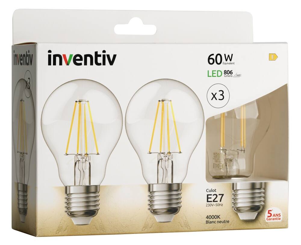 3 ampoules Filament LED Transparent E27 806Lm 60W 4000K Blanc neutre - INVENTIV
