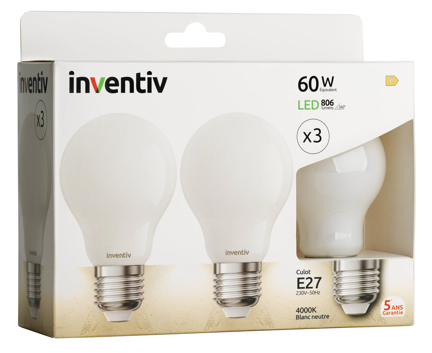 3 ampoules Filament LED Opaque E27 806Lm 60W 4000K Blanc neutre - INVENTIV