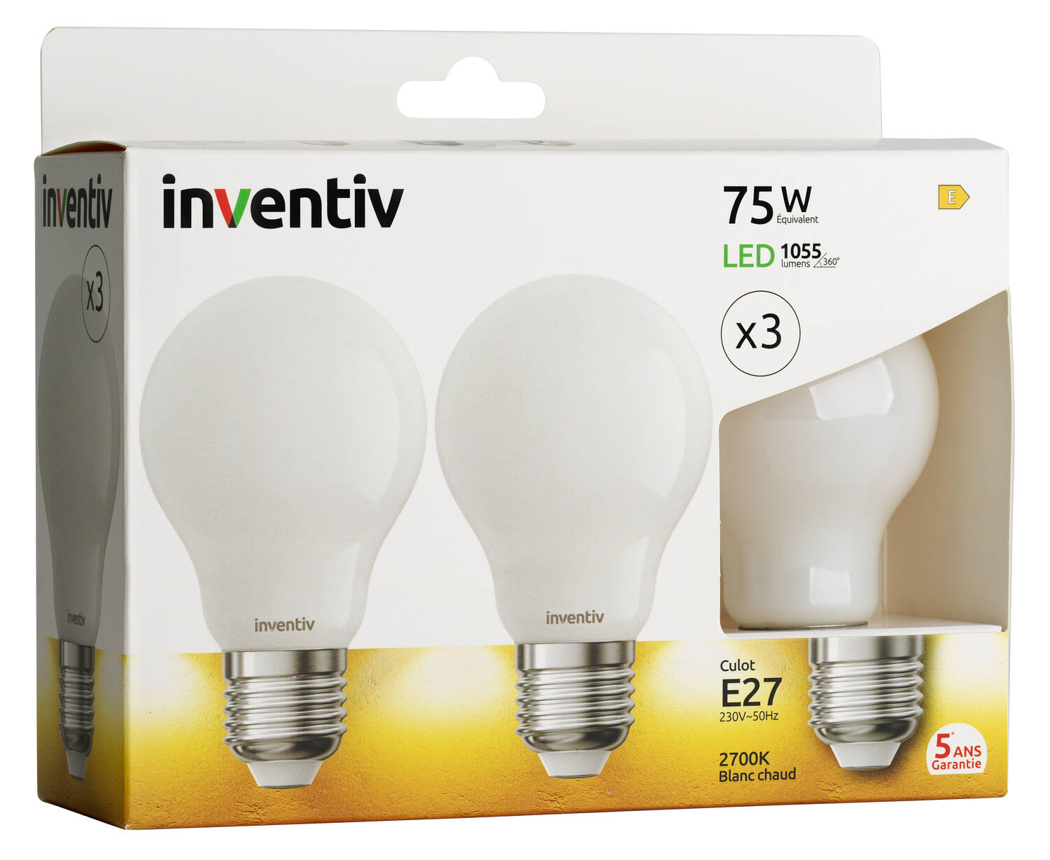 3 ampoules Filament LED A60 Opaque E27 1055Lm 75W 2700K Blanc chaud - INVENTIV