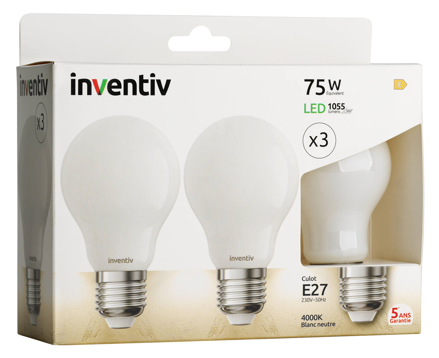 3 ampoules Filament LED A60 Opaque E27 1055Lm 75W 4000K Blanc neutre - INVENTIV
