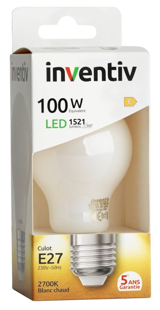 Ampoule Filament LED A60 Opaque E27 1521Lm 100W 2700K Blanc chaud - INVENTIV