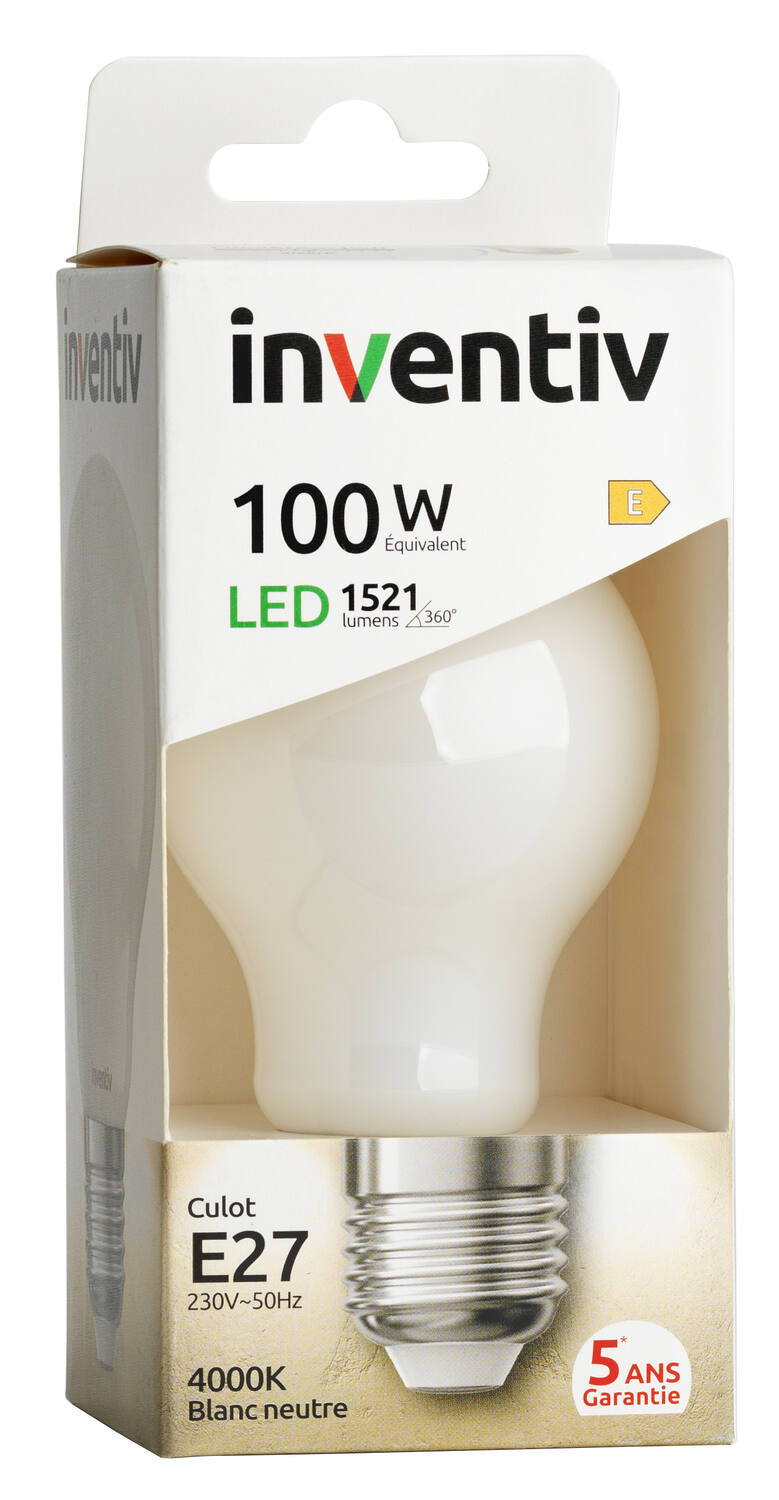 Ampoule Filament LED A60 Opaque E27 1521Lm 100W 4000K Blanc neutre - INVENTIV