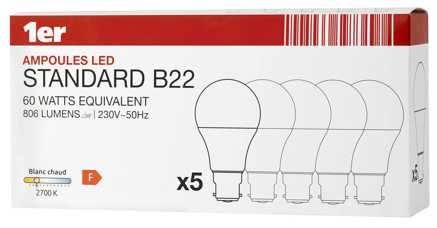 5 ampoules LED SMD culot B22 806Lm 60W 2700K Blanc chaud - INVENTIV