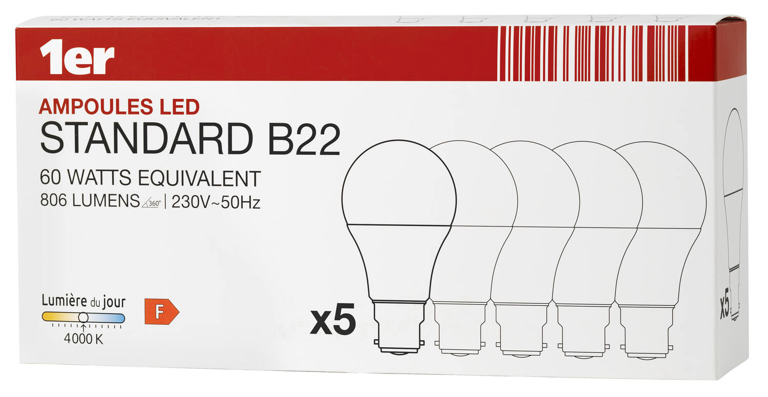 5 Ampoules LED A60 culot B22 806Lm 60W 4000K Blanc neutre - INVENTIV