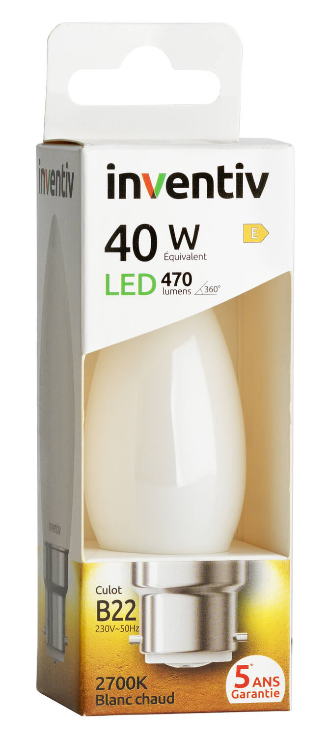 Ampoule Filament LED Flamme Opaque culot B22 470Lm 40W 2700K Blanc chaud - INVENTIV