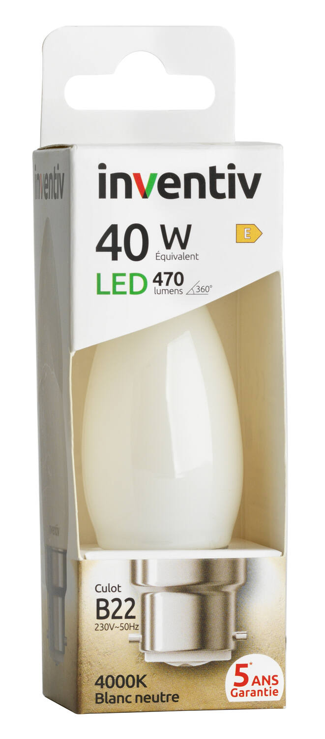 Ampoule Filament LED Flamme Opaque culot B22 470Lm 40W 4000K Blanc neutre - INVENTIV
