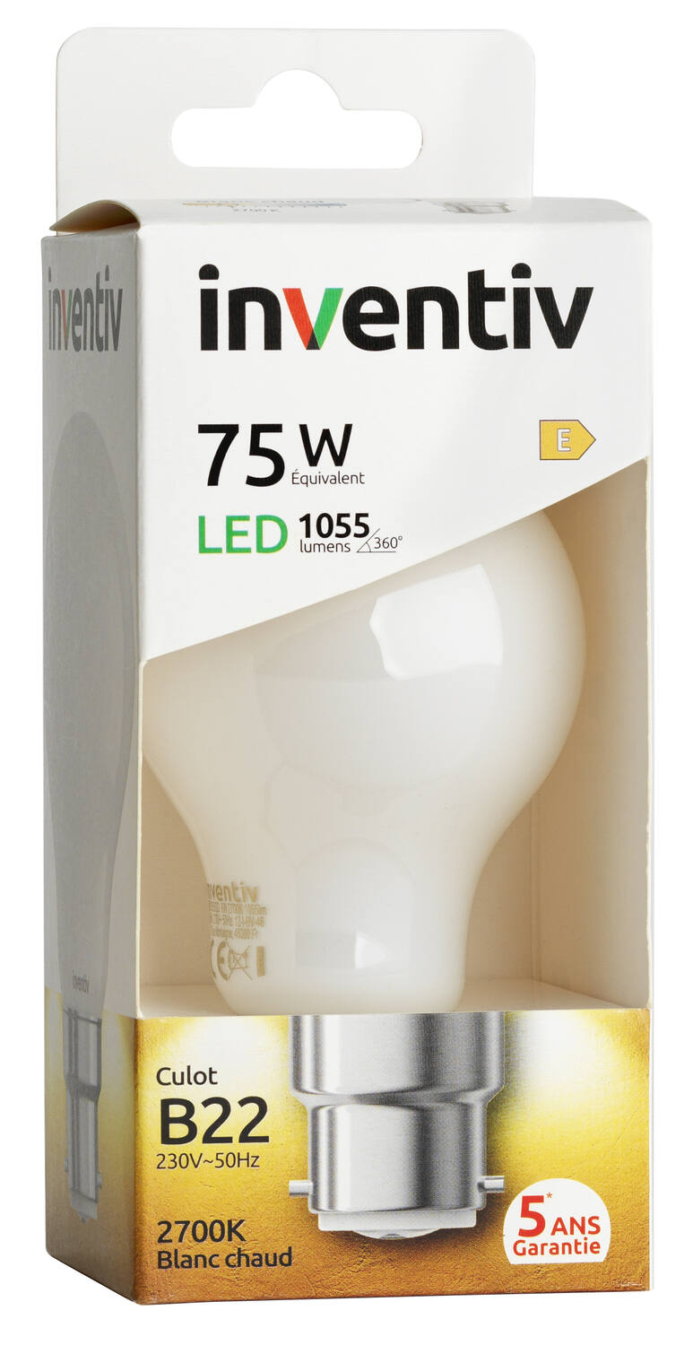 Ampoule Filament LED A60 Opaque culot B22 1055Lm 75W 2700K Blanc chaud - INVENTIV