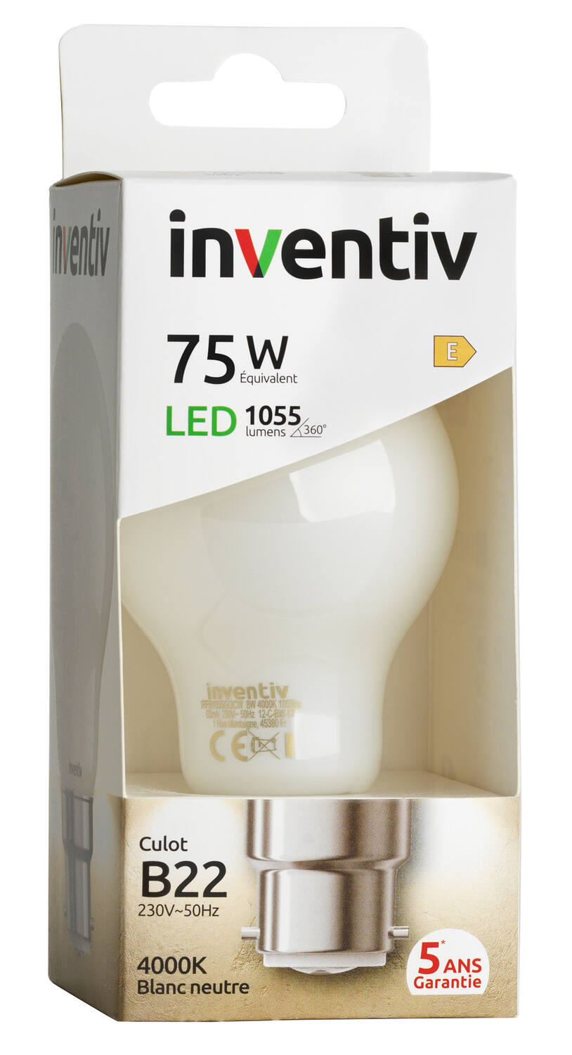 Ampoule Filament LED A60 Opaque culot B22 1055Lm 75W 4000K Blanc neutre - INVENTIV