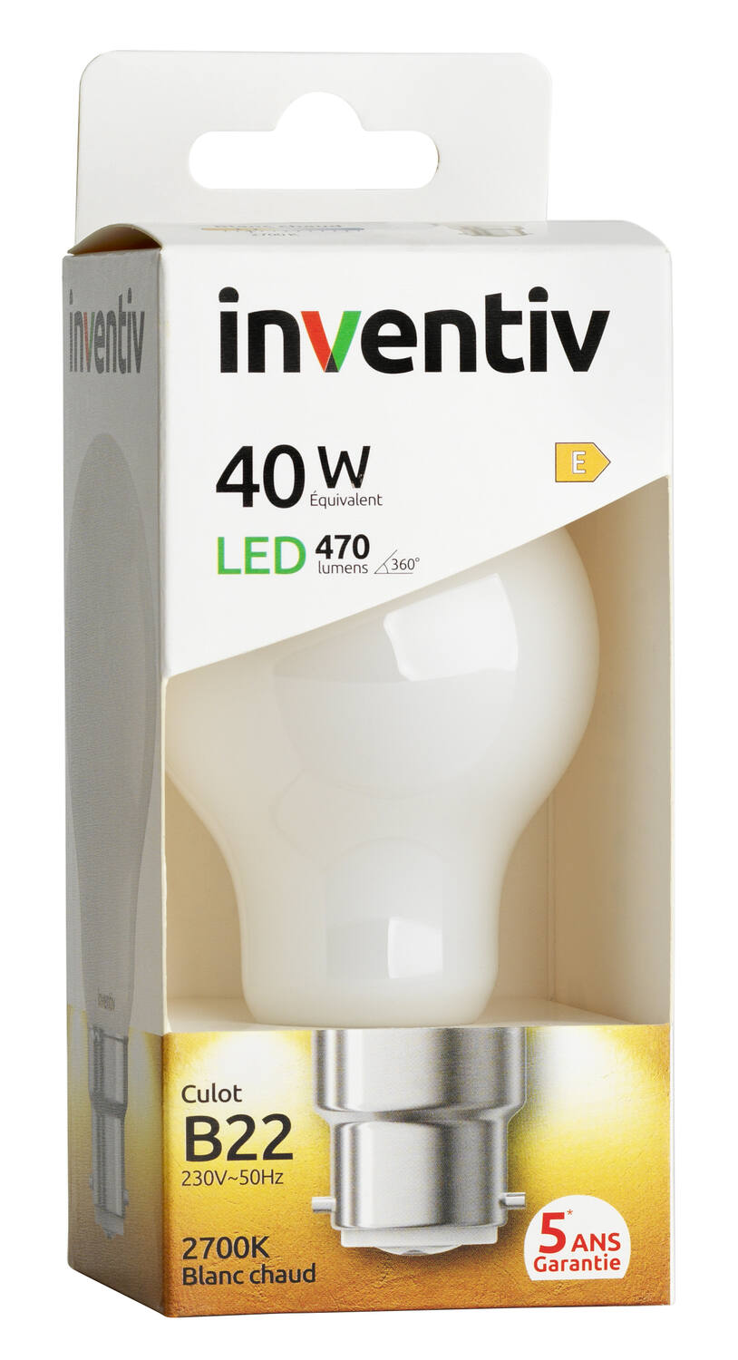 Ampoule Filament LED A60 Opaque culot B22 470Lm 40W 2700K Blanc chaud - INVENTIV