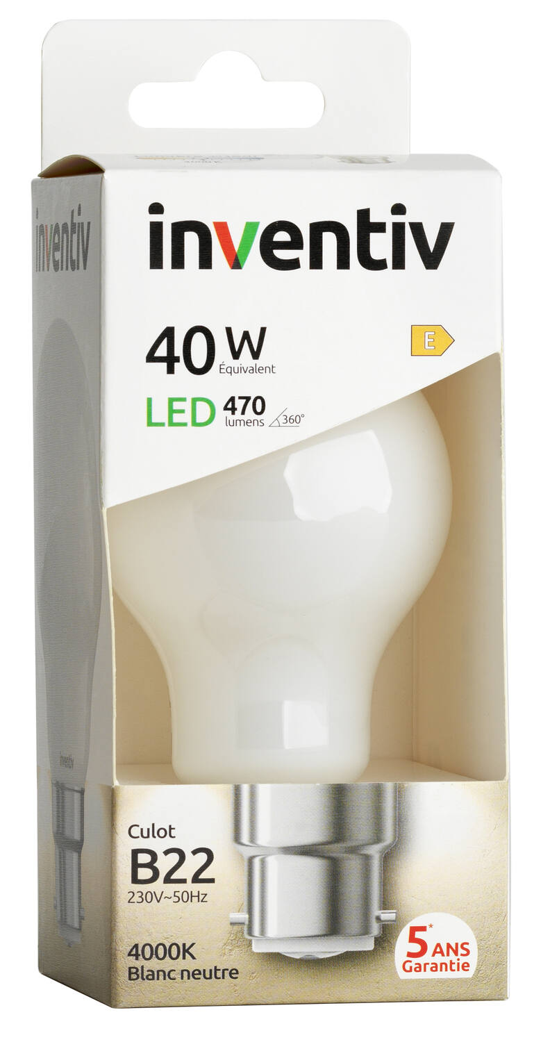 Ampoule Filament LED A60 Opaque culot B22 470Lm 40W 4000K Blanc neutre - INVENTIV