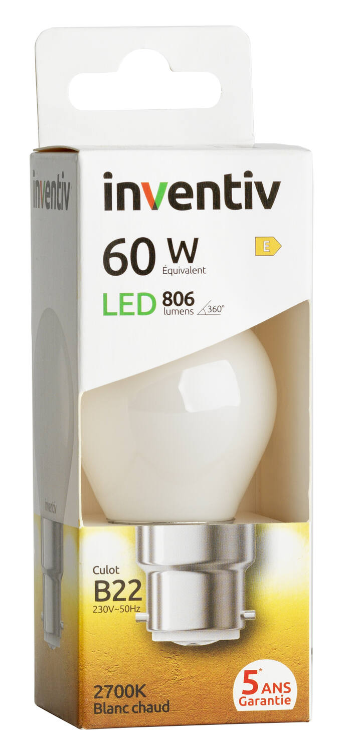 Ampoules Filament LED P45 Opaque culot B22 806Lm 60W 2700K Blanc chaud - INVENTIV