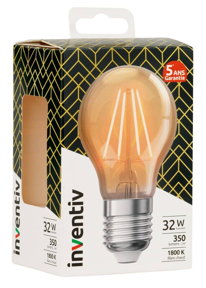 Ampoule Filament LED A60 Globe vintage E27 350Lm 30W 1800K Blanc chaud - INVENTIV
