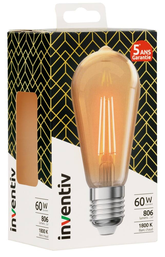 Ampoule LED Filament Edison ambré E27 806Lm 60W Blanc chaud - INVENTIV