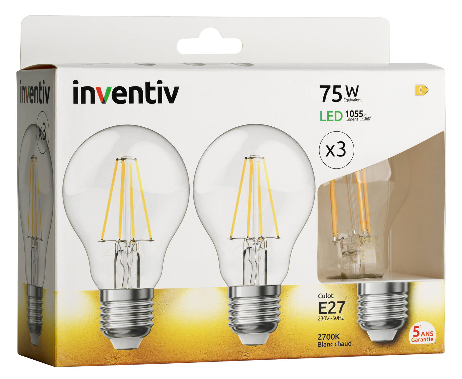 3 Ampoules Filament LED A60 Transparent E27 1055lm 2700K Blanc chaud - INVENTIV