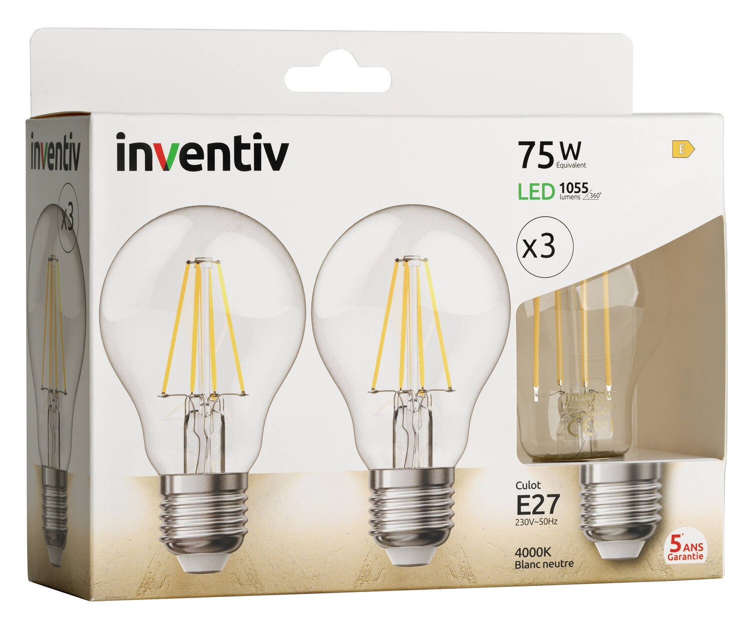 3 Ampoules Filament LED A60 Transparent E27 1055lm 4000K Blanc neutre - INVENTIV