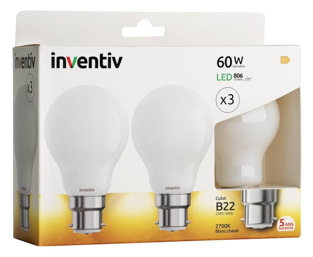 3 Ampoules Filament LED A60 B22 806lm 2700K Blanc chaud - INVENTIV