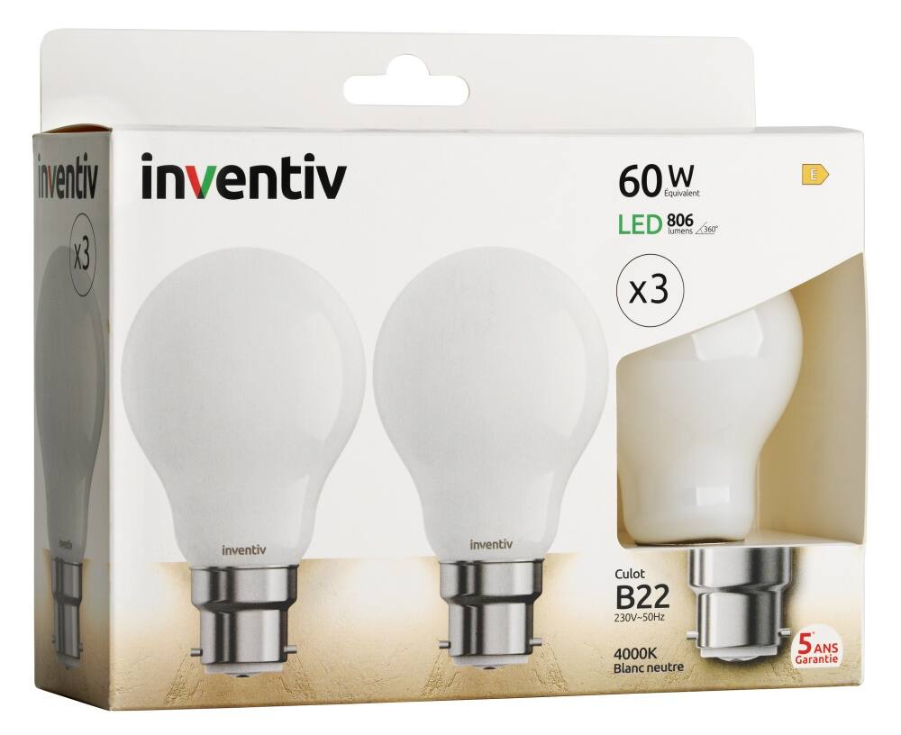 3 Ampoules Filament LED A60 B22 806lm 4000K Blanc neutre - INVENTIV