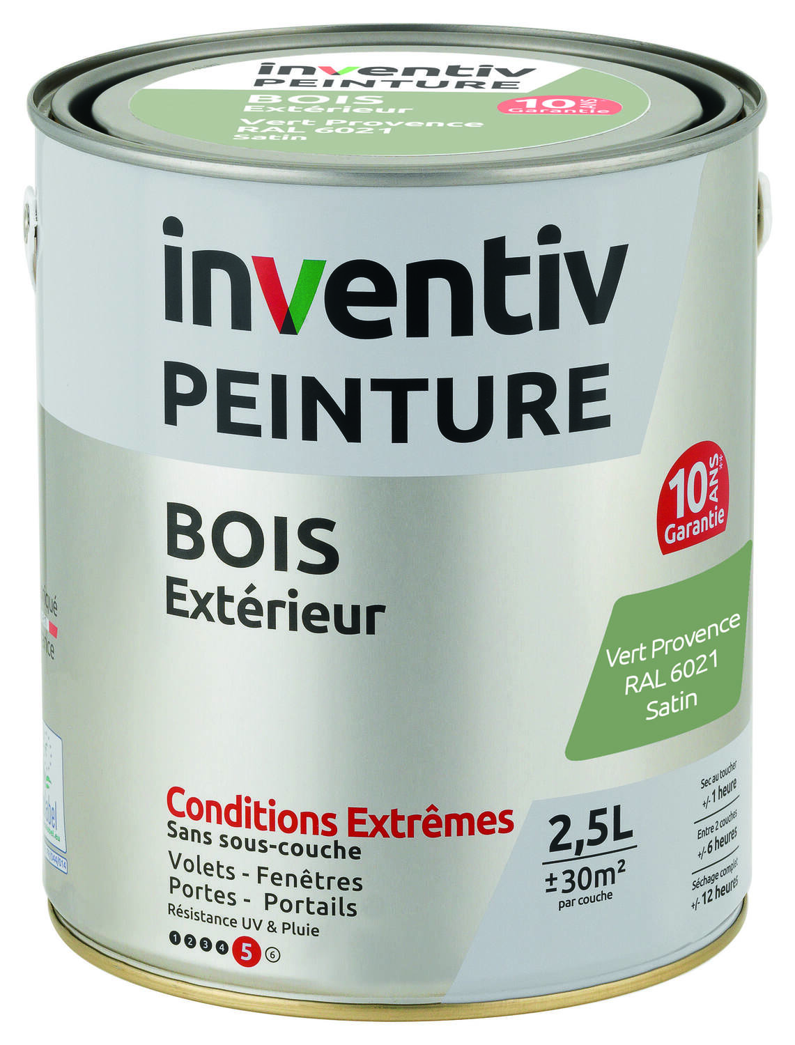 Peinture Extérieure Bois 10 ans Vert Provence Satin 2,5L - INVENTIV