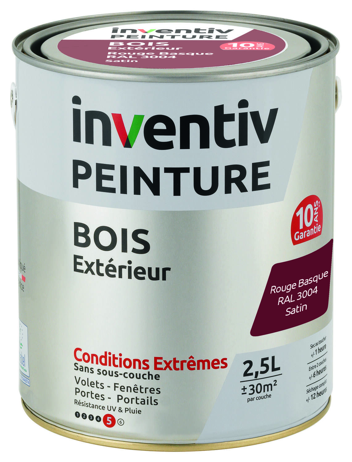 Peinture Extérieure Bois 10 ans Rouge Basque Satin 2,5L - INVENTIV