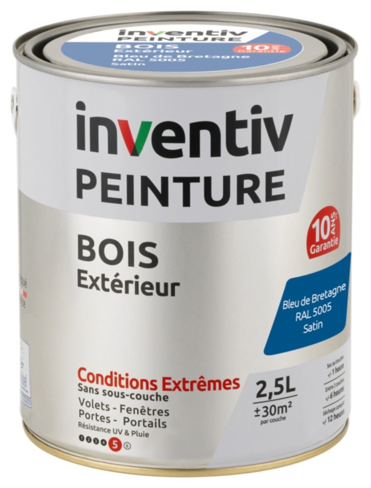 Peinture Extérieure Bois 10 ans Bleu De Bretagne Satin 2,5L - INVENTIV