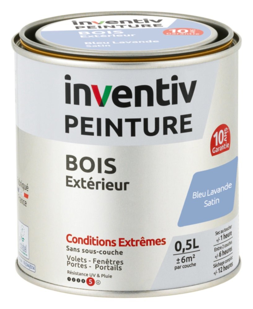 Peinture Extérieure Bois 10 ans Bleu Lavande Satin 0,5L - INVENTIV