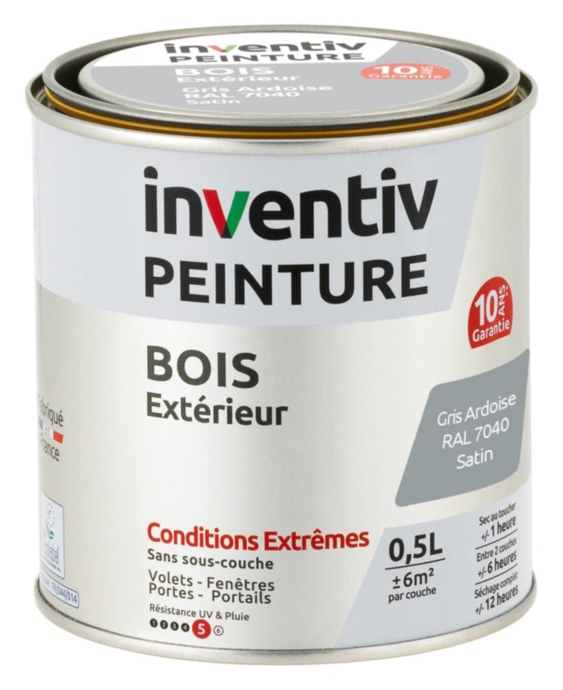 Peinture Extérieure Bois 10 ans Gris Ardoise Satin 0,5L - INVENTIV