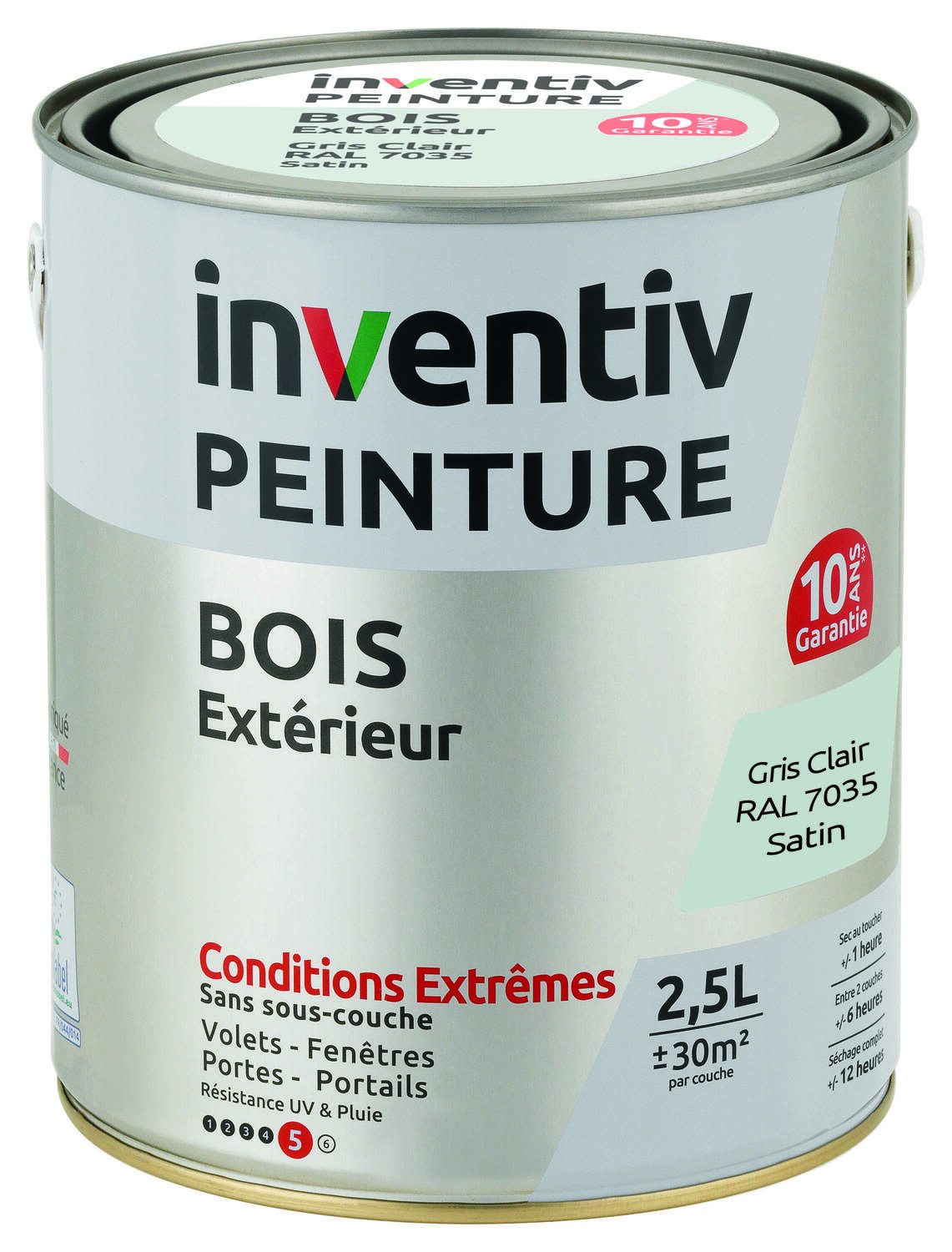 Peinture Extérieure Bois 10 ans Gris Clair Satin 2,5L - INVENTIV