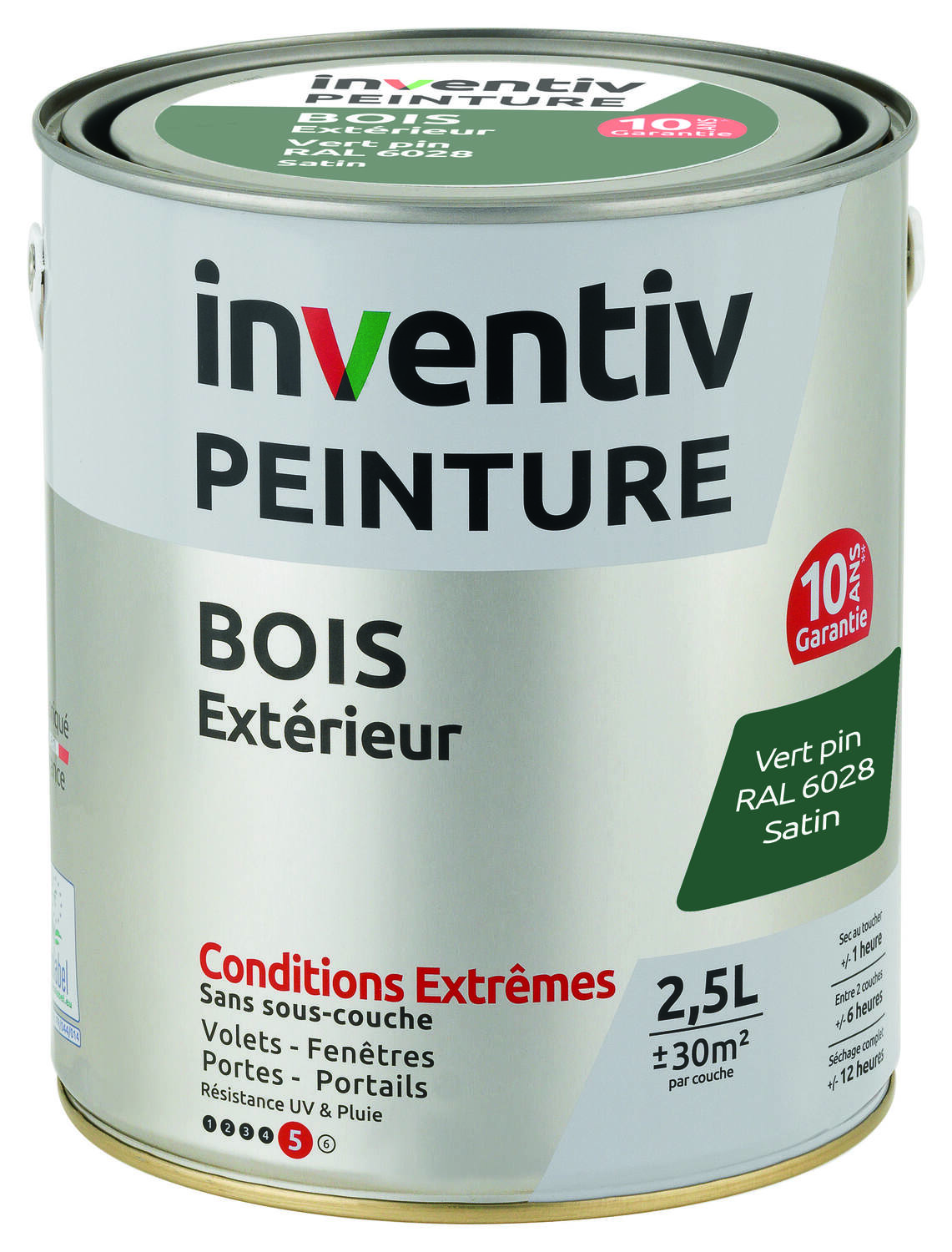 Peinture Extérieure Bois 10 ans Vert Pin Satin 2,5L - INVENTIV
