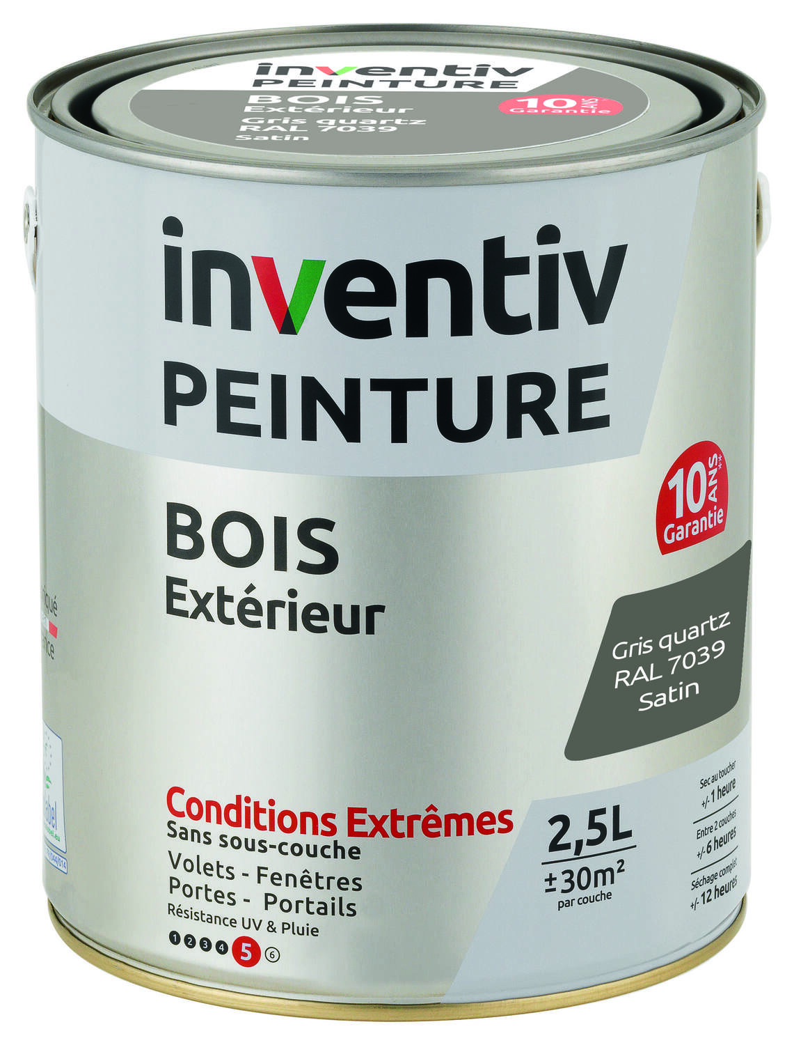 Peinture Extérieure Bois 10 ans Gris Quartz Satin 2,5L - INVENTIV