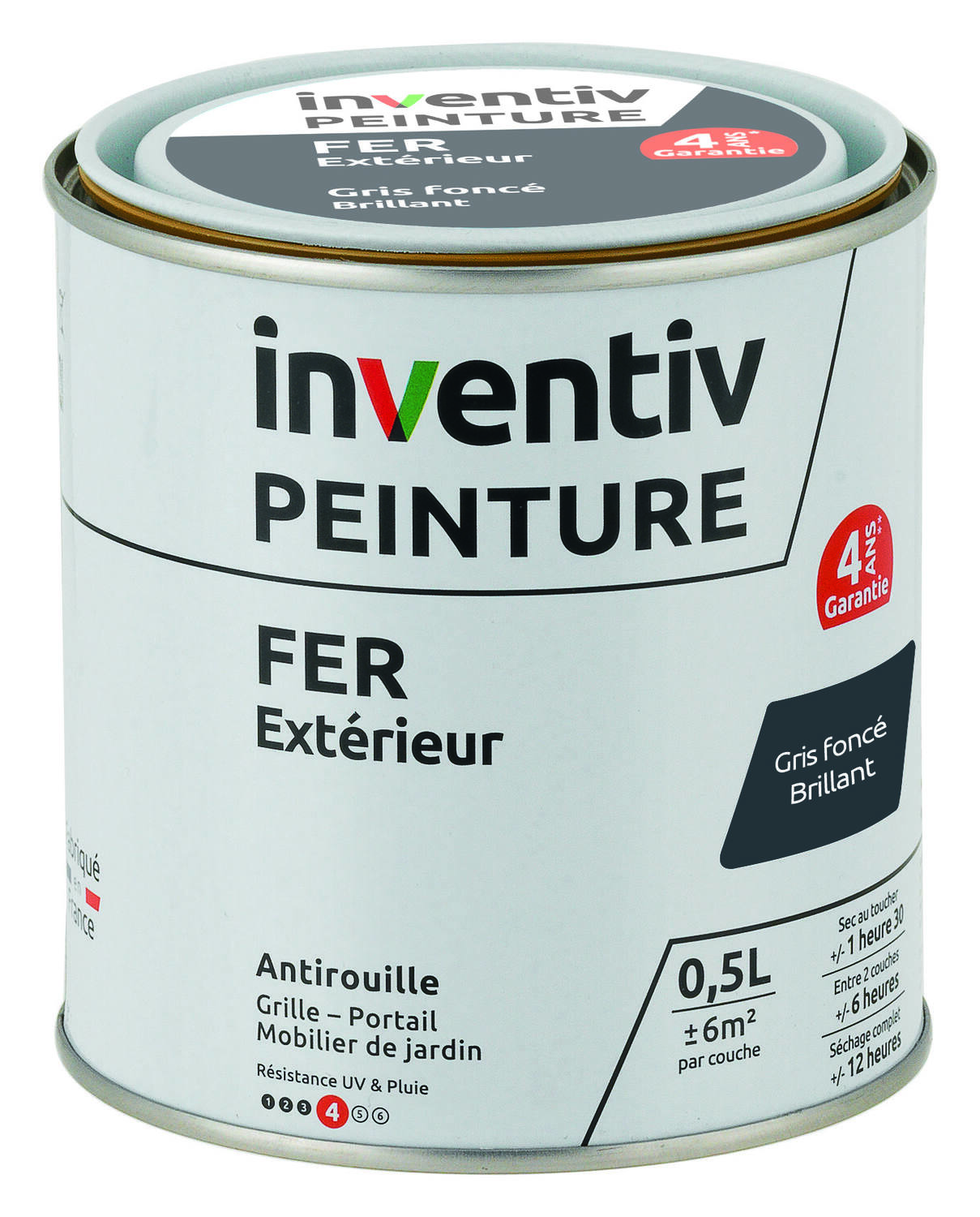 Peinture extérieure fer Garantie 4 ans gris foncé brillant 0,5 L - INVENTIV