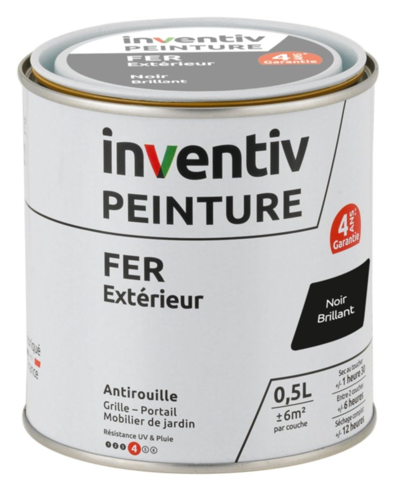 Peinture extérieure fer Garantie 4 ans noir brillant 0,5 L - INVENTIV