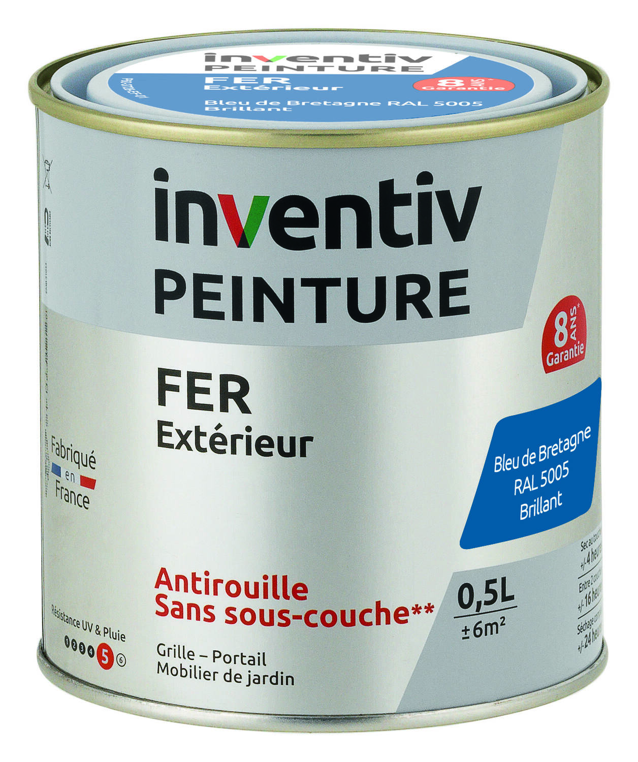 Peinture extérieure fer Garantie 8 ans bleu breton brillant 0,5 L - INVENTIV