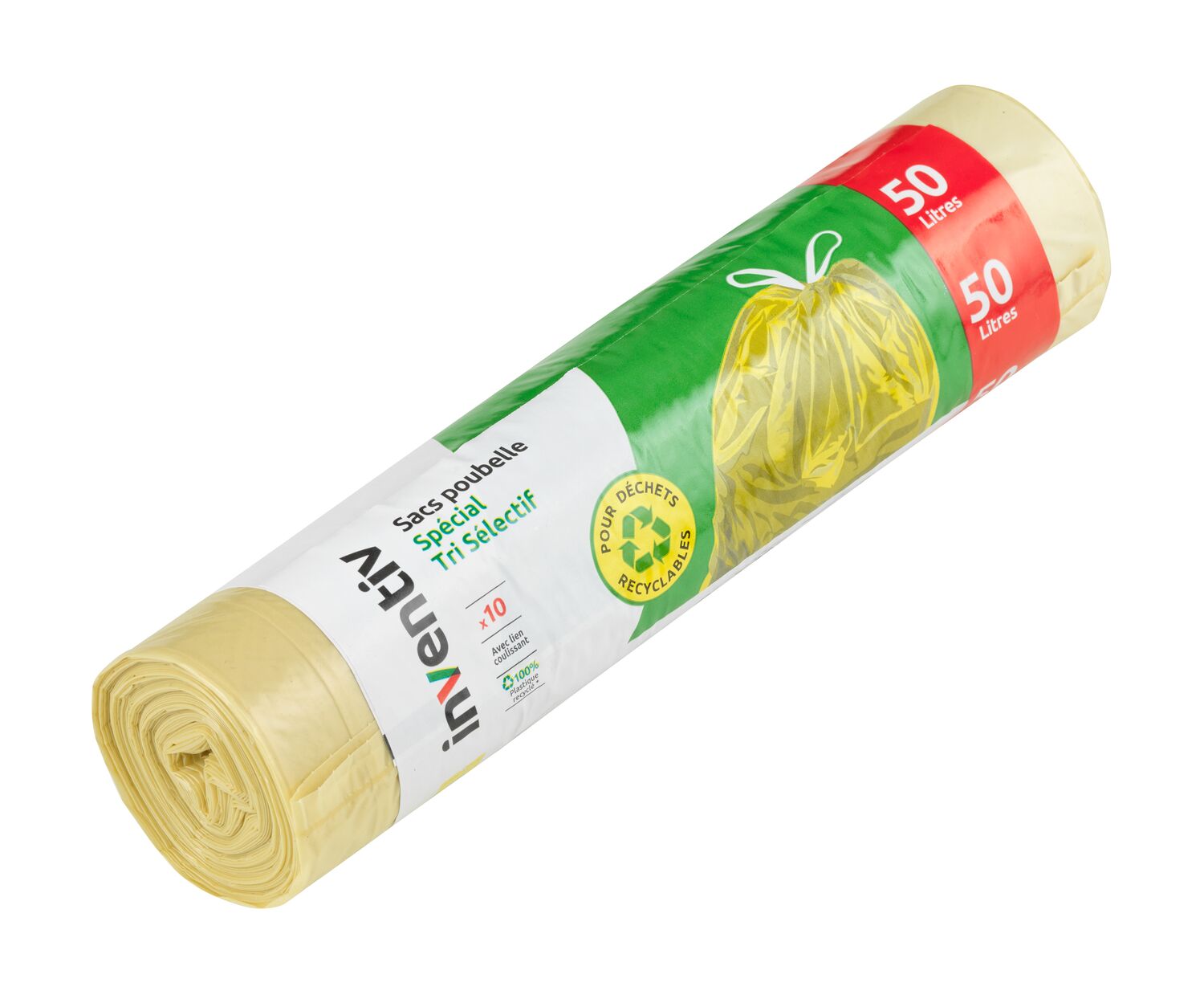 10 Sacs poubelle jaune translucide à lien coulissant 50L - INVENTIV