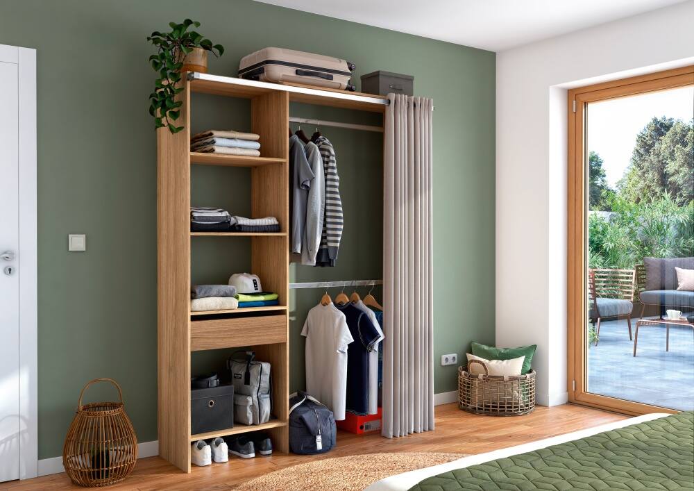 Dressing extensible à rideau 120/160x204,5x48cm Chêne clair - ALSAPAN