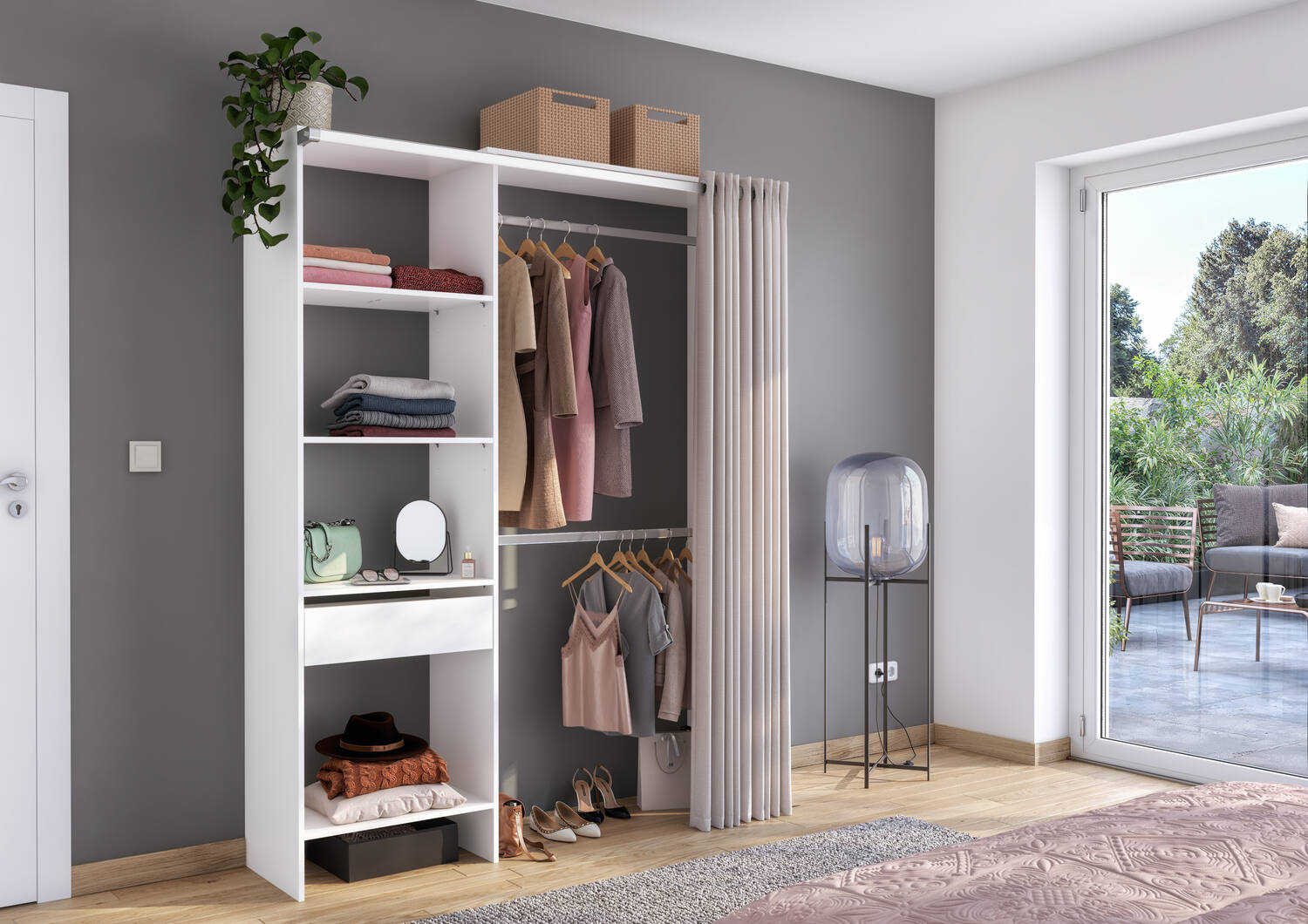 Dressing extensible à rideau 120/160x204,5x48cm Blanc