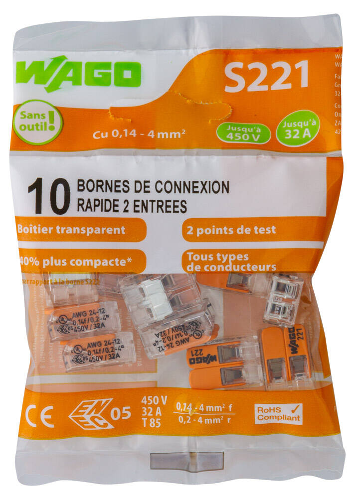 10 bornes de connexion rapide 2 entrées S221 - WAGO