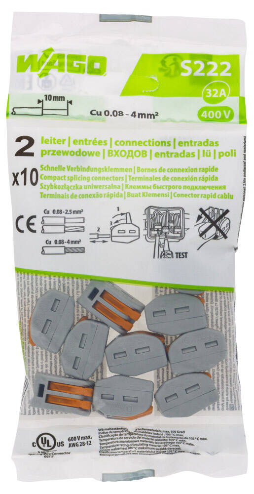 10 bornes de connexion rapide 2 entrées S222 - WAGO