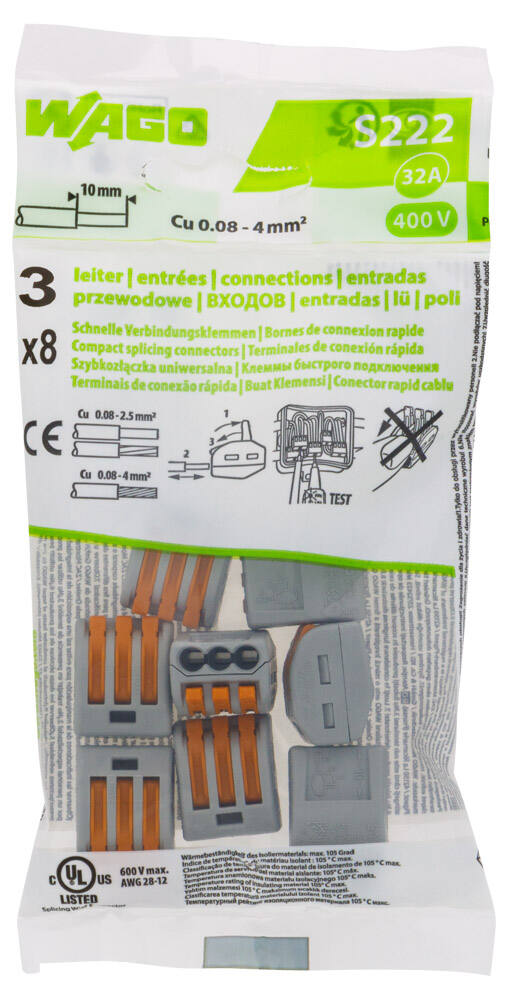 8 bornes de connexion rapide 3 entrées S222 - WAGO