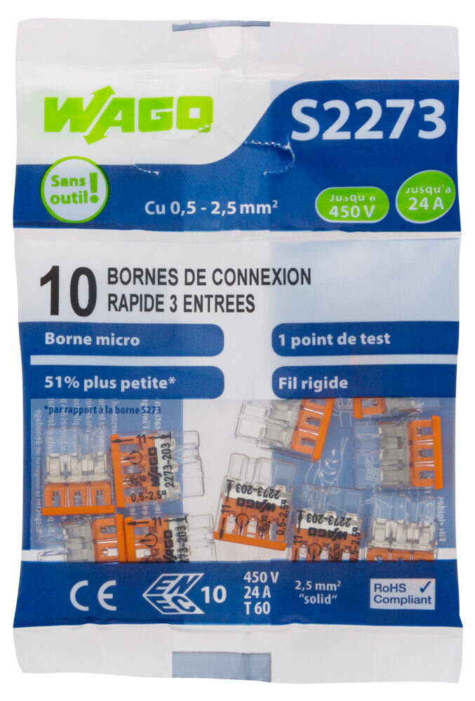 10 bornes de connexion rapide 3 entrées S2273 - WAGO