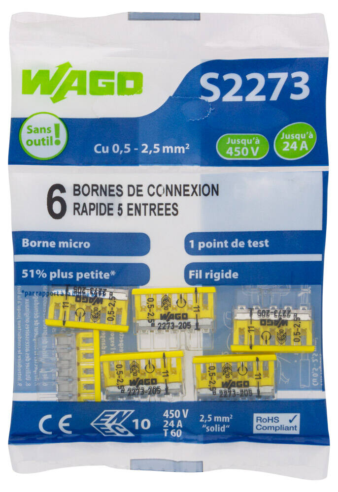 6 bornes de connexion rapide 5 entrées S2273 - WAGO