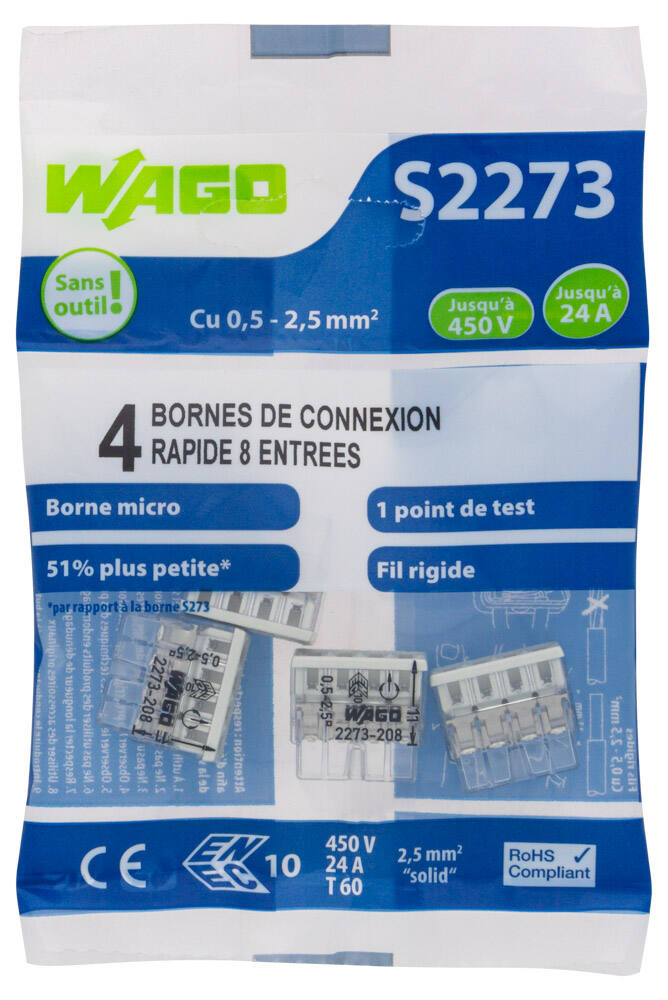 4 bornes de connexion rapide 8 entrées S2273 - WAGO
