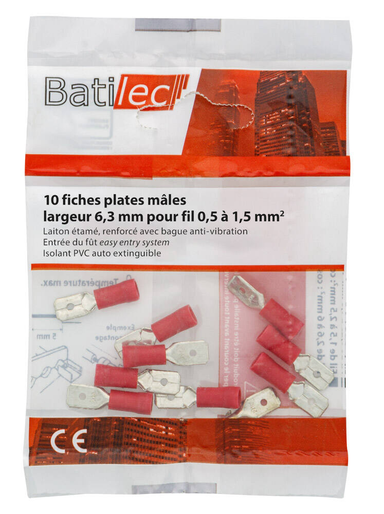 10 fiches plates mâles rouge Section 0,5-1,5 mm²